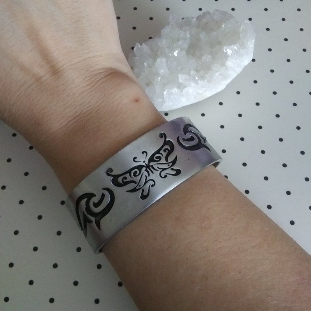 Tribal Celtic Butterfly Punk Goth Viking Wide Cuff Bracelet Silver Pewter - Picture 5 of 10
